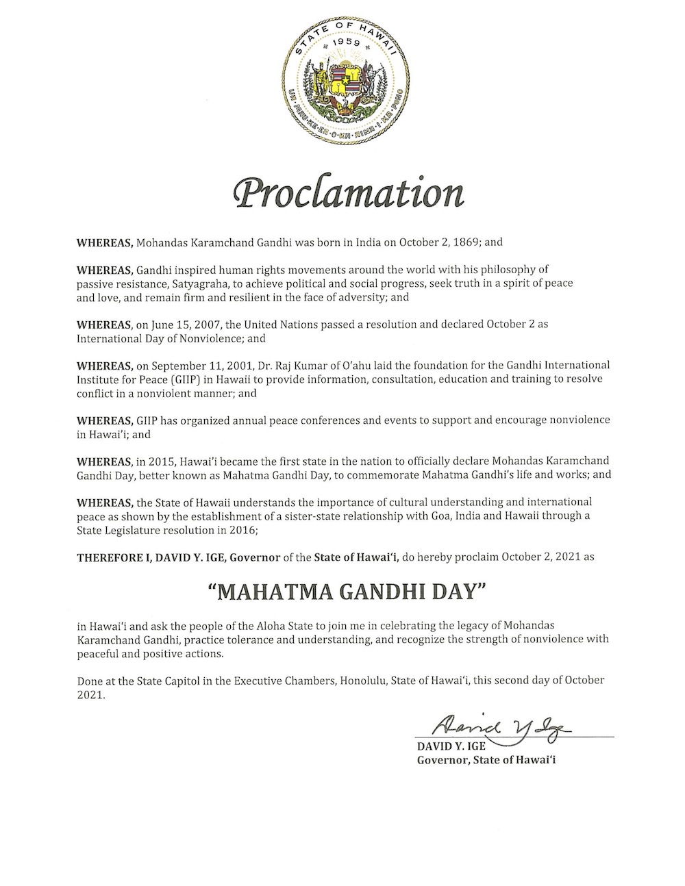 Governor Proclamation for Gandhi Day 2021